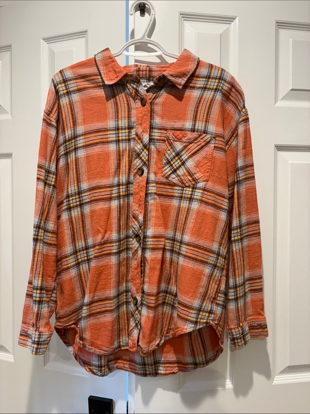 Ladies Orange Plaid Button-Down Shirt